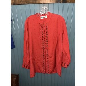 Vtg Chico's Design Size 2 (12-14) Red Japanese Writing Long Sleeve Tied Up